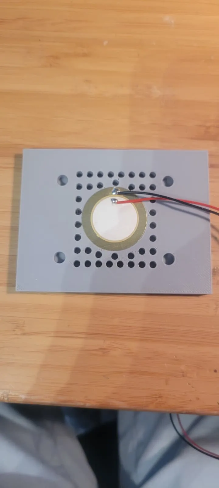 A round piezo disc seated in its pocket in the rear plug with its leads running out through the relief channel.